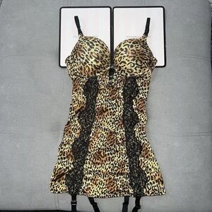 Victoria's Secret VINTAGE GARTER Leopard slip Dress Lingerie Bustier Corset